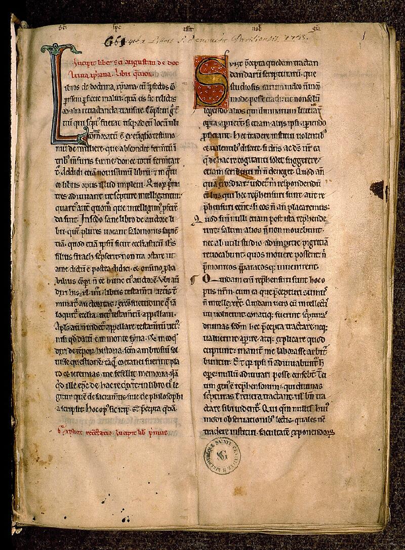Paris, Bibl. Sainte-Geneviève, ms. 0215, f. 001 - vue 2