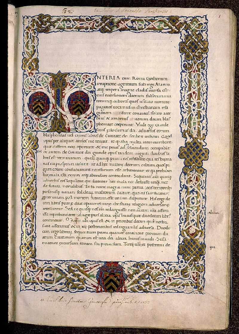 Paris, Bibl. Sainte-Geneviève, ms. 0218, f. 001 - vue 2
