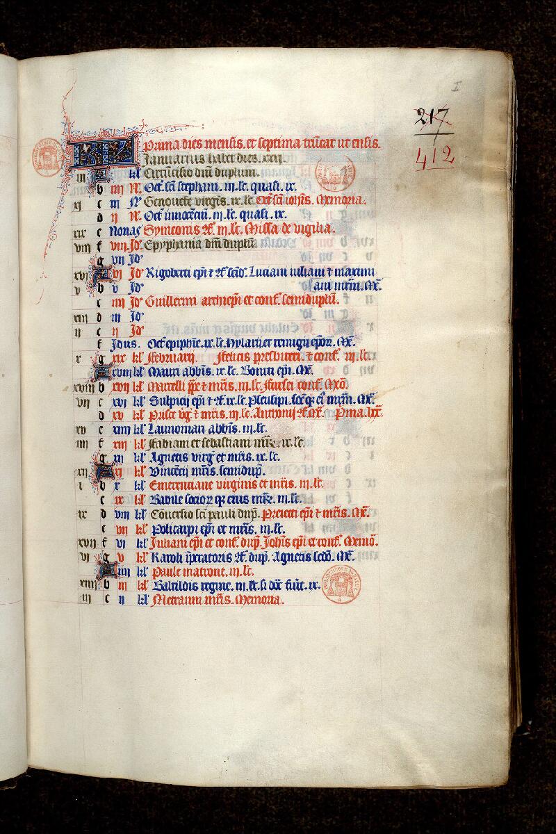 Paris, Bibl. Mazarine, ms. 0412, f. 000I - vue 2